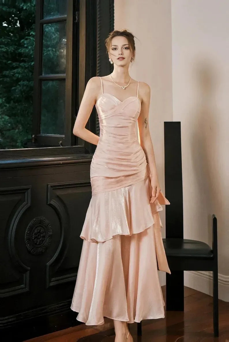 Pink Rose Mermaid Spaghetti Strap Sleeveless Back Zip Ruffled Tea-Length Prom Dress ﻿Hot sale