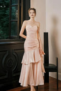 Pink Rose Mermaid Spaghetti Strap Sleeveless Back Zip Ruffled Tea-Length Prom Dress ﻿Hot sale