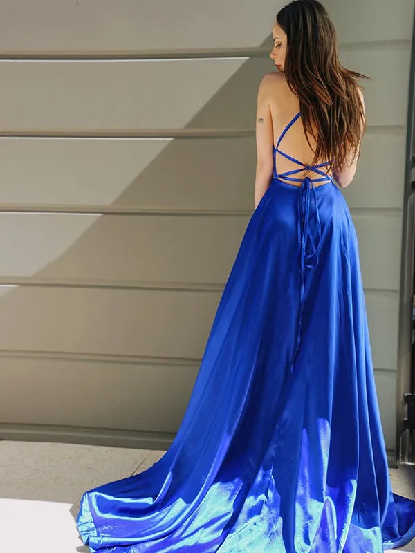 Blue Royal A-Line Spaghetti Straps Sleeveless Crisscross-Back Floor-Length Ruffles Prom Dresses with High Slit