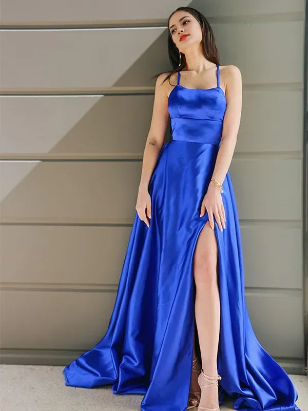 Blue Royal A-Line Spaghetti Straps Sleeveless Crisscross-Back Floor-Length Ruffles Prom Dresses with High Slit