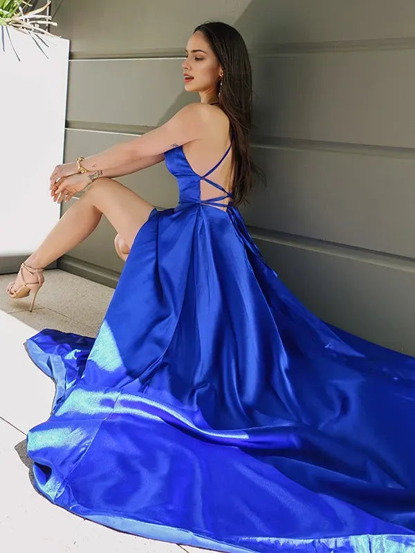 Blue Royal A-Line Spaghetti Straps Sleeveless Crisscross-Back Floor-Length Ruffles Prom Dresses with High Slit