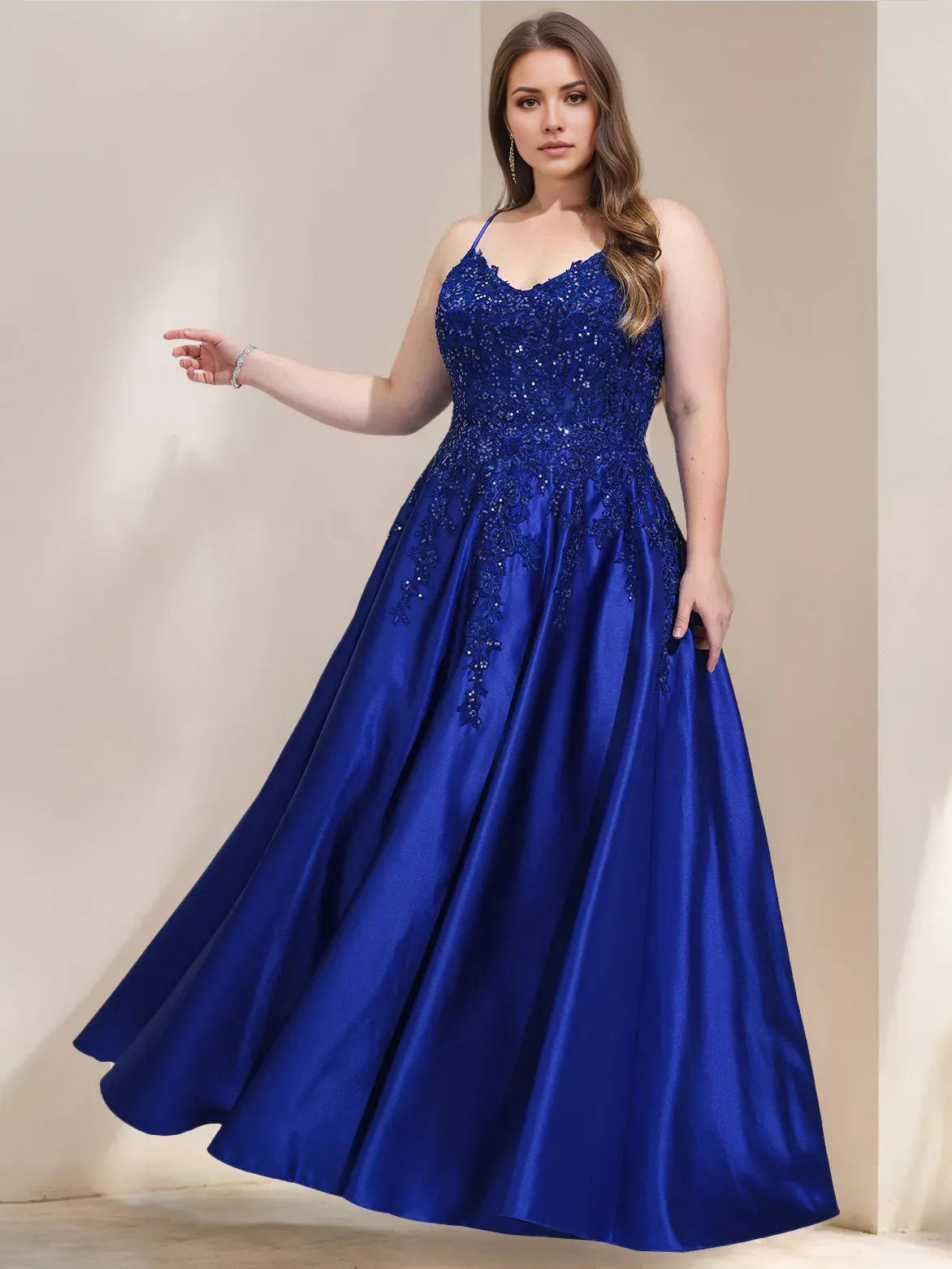 Blue Royal A-Line V-Neck Sleeveless Crisscross Back Floor-Length Plus-Size Prom Dresses With Sequins