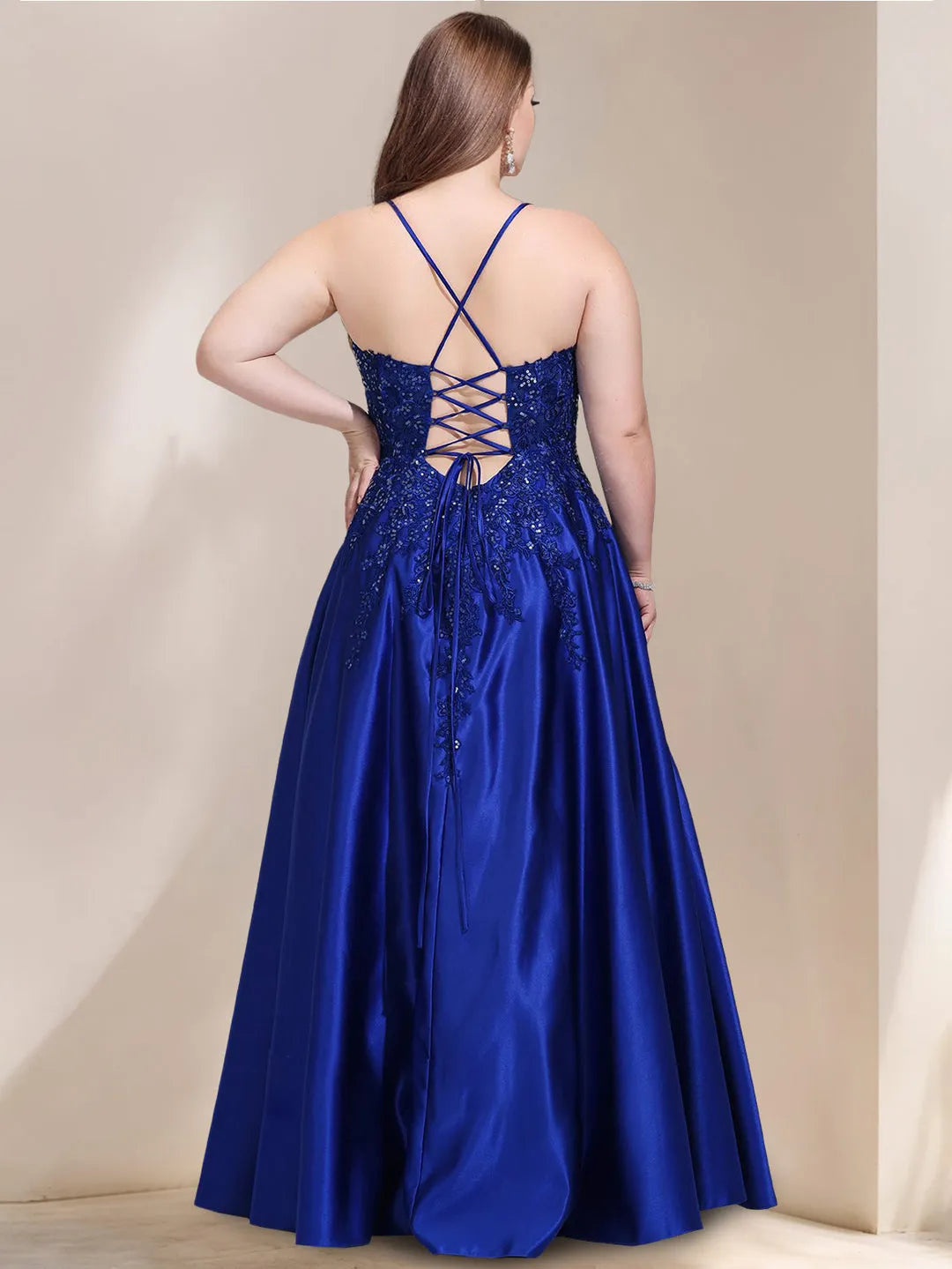 Blue Royal A-Line V-Neck Sleeveless Crisscross Back Floor-Length Plus-Size Prom Dresses With Sequins