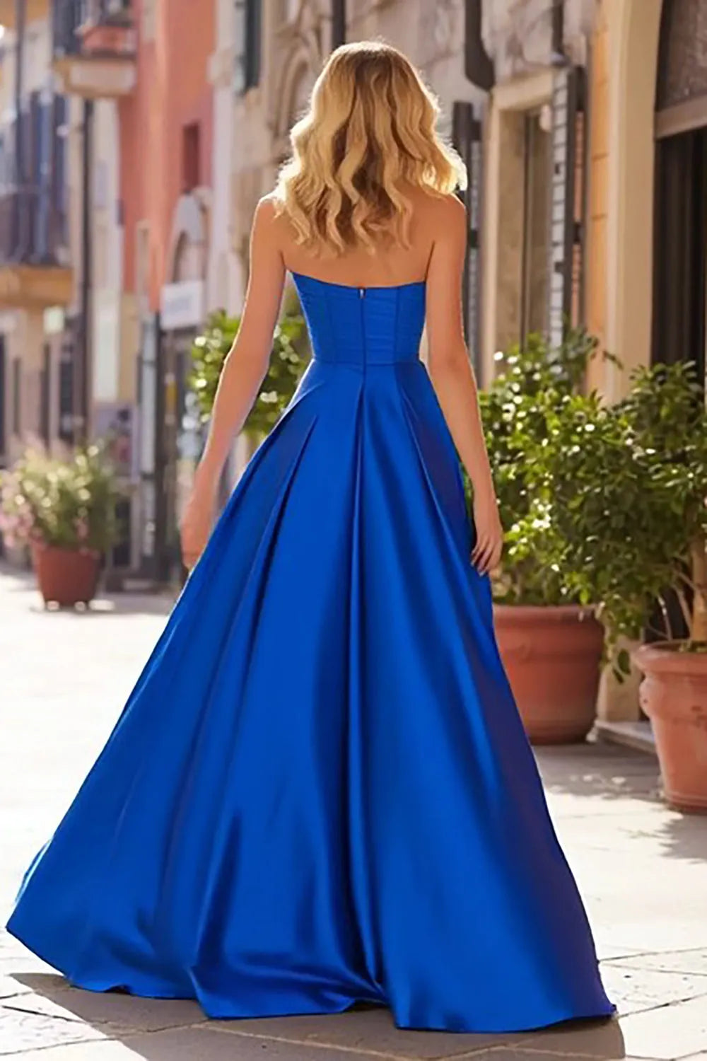 Blue Royal A Line Sweetheart Neck Sleeveless Back Zip Ruched Bodice High Side Slit Floor-Length Prom Dresses