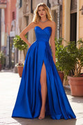 Blue Royal A Line Sweetheart Neck Sleeveless Back Zip Ruched Bodice High Side Slit Floor-Length Prom Dresses