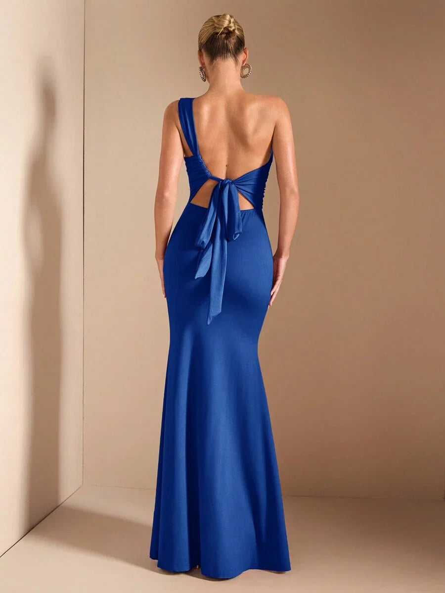 Blue Royal Mermaid Asymmetrical Neck Sleeveless Ruched Tie-Back Floor-Length Prom Dresses