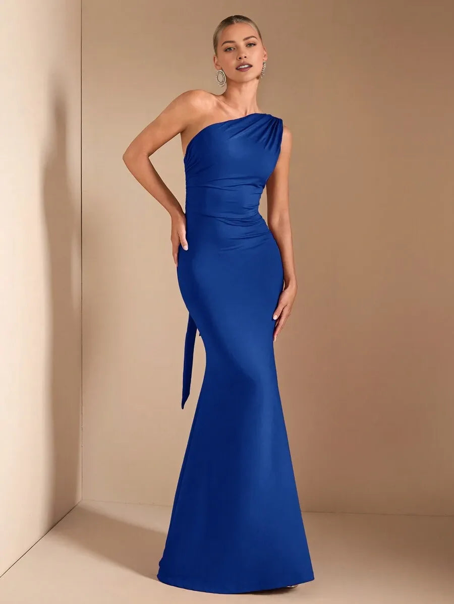 Blue Royal Mermaid Asymmetrical Neck Sleeveless Ruched Tie-Back Floor-Length Prom Dresses