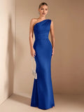 Blue Royal Mermaid Asymmetrical Neck Sleeveless Ruched Tie-Back Floor-Length Prom Dresses
