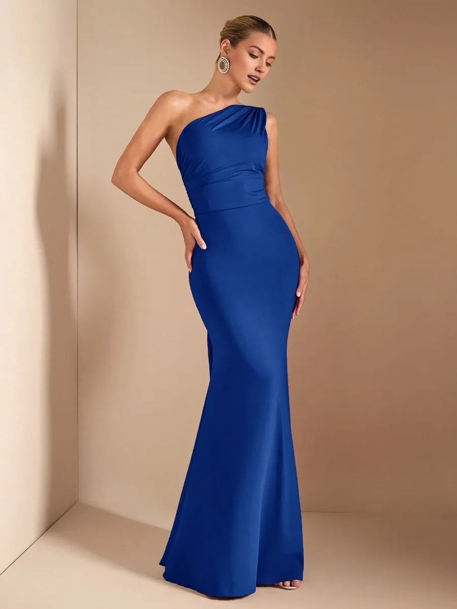 Blue Royal Mermaid Asymmetrical Neck Sleeveless Ruched Tie-Back Floor-Length Prom Dresses
