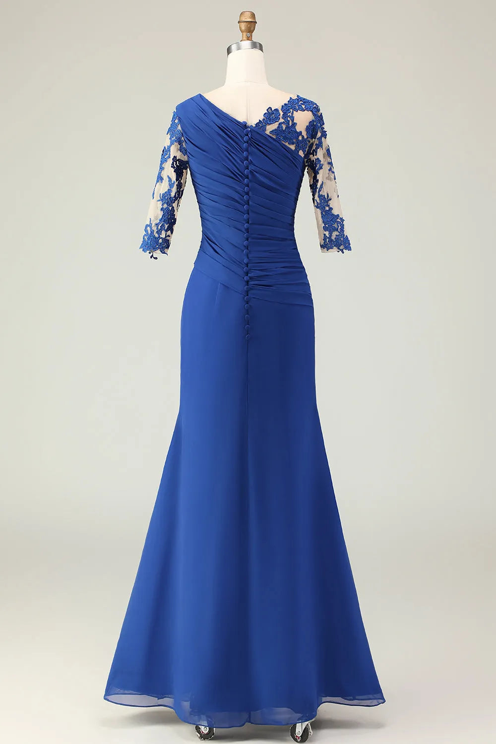 Blue Royal Mermaid One-Shoulder Three Quarter Sleeve Button Back Long Mother of the Bride Dresses Appliqued Ruched