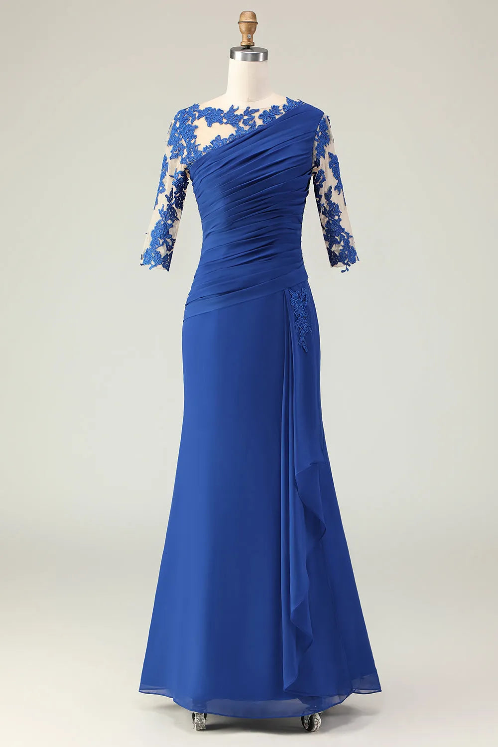 Blue Royal Mermaid One-Shoulder Three Quarter Sleeve Button Back Long Mother of the Bride Dresses Appliqued Ruched