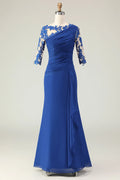 Blue Royal Mermaid One-Shoulder Three Quarter Sleeve Button Back Long Mother of the Bride Dresses Appliqued Ruched