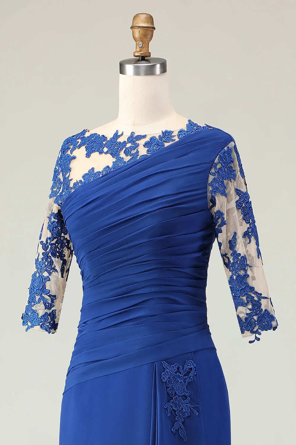 Blue Royal Mermaid One-Shoulder Three Quarter Sleeve Button Back Long Mother of the Bride Dresses Appliqued Ruched