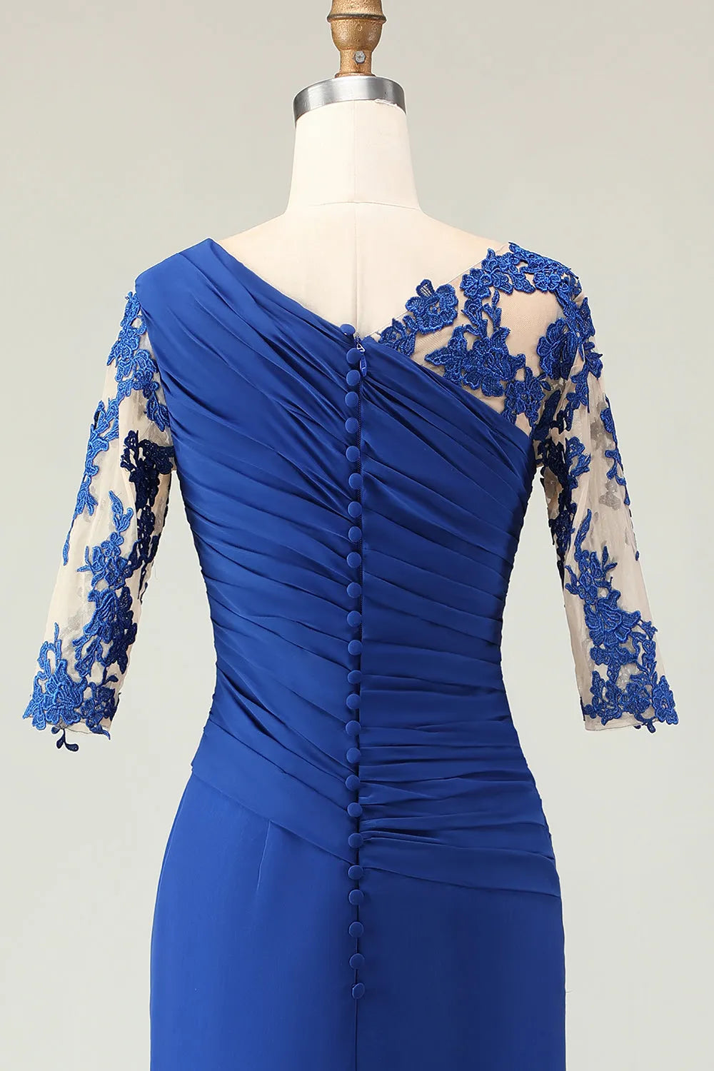 Blue Royal Mermaid One-Shoulder Three Quarter Sleeve Button Back Long Mother of the Bride Dresses Appliqued Ruched
