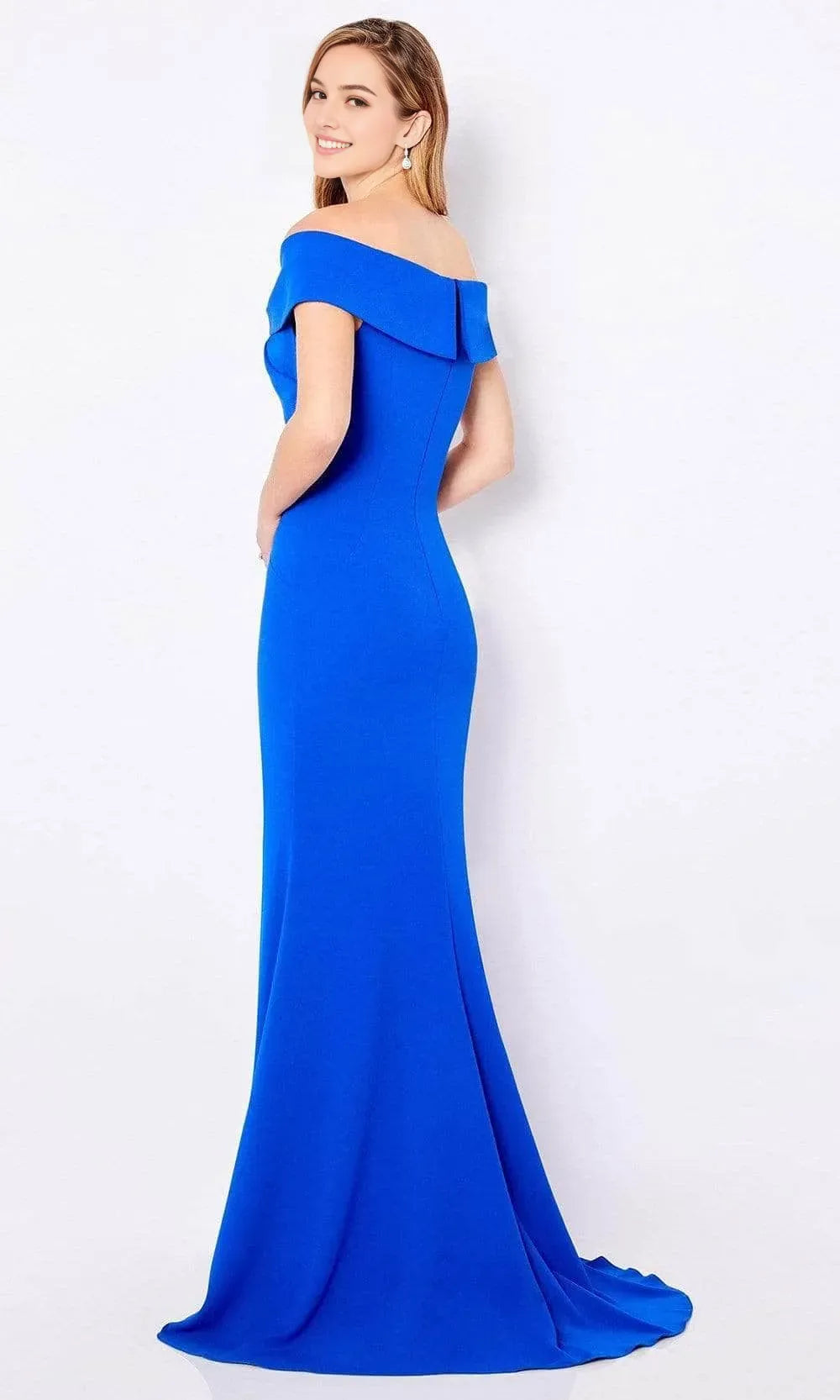 Blue Royal Off Shoulder Evening Dresses with Intricate Embellishment at Neckline, Figure Hugging Mermaid Silhouette and Subtle Draped Detailing