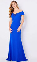 Blue Royal Off Shoulder Evening Dresses with Intricate Embellishment at Neckline, Figure Hugging Mermaid Silhouette and Subtle Draped Detailing