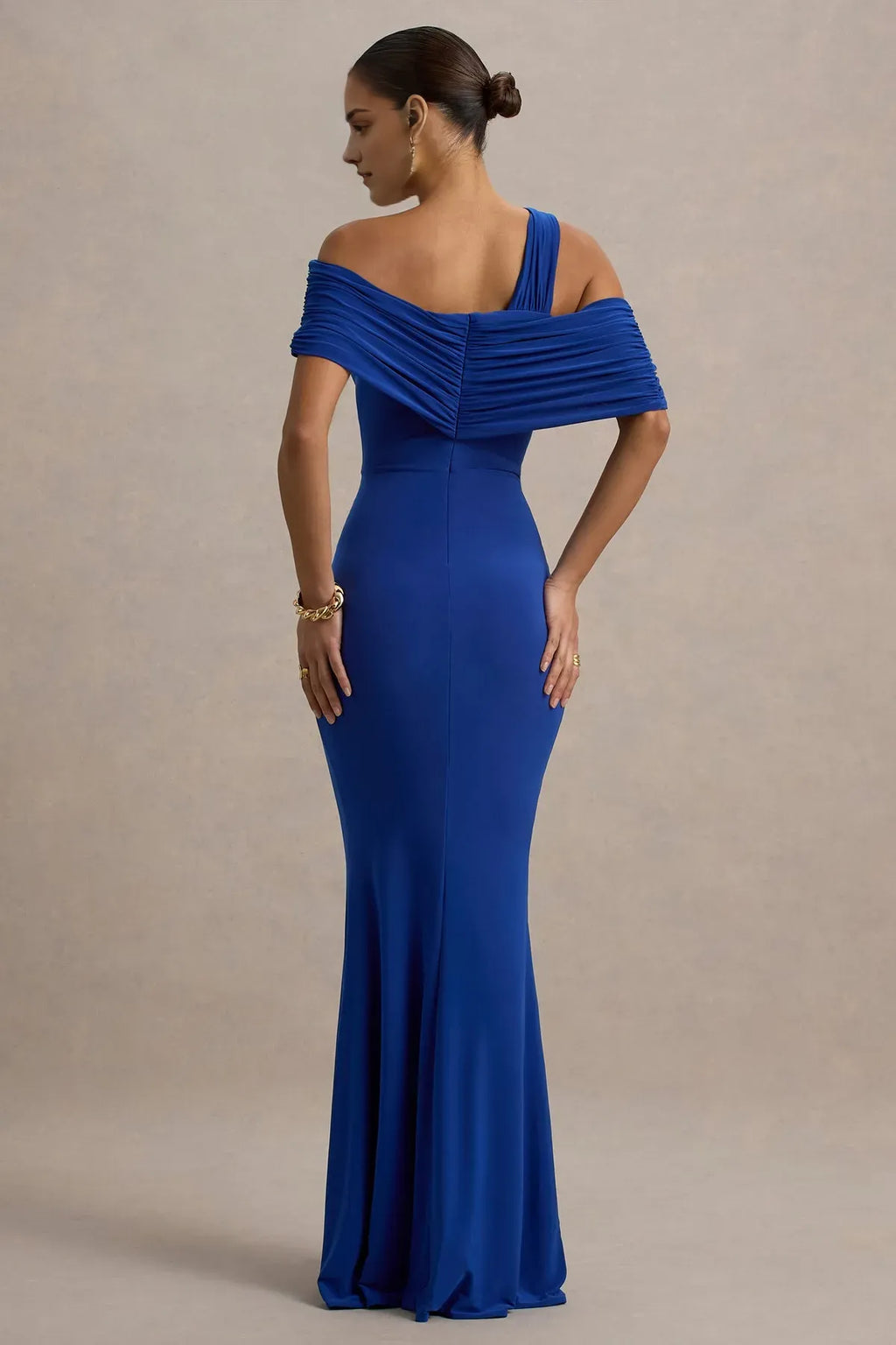 Blue Royal One - Shoulder Off - Shoulder Evening Gown with Draped Sleeves Ruched Detailing and High Side Slit Perfect for Proms Galas and Formal Affairs