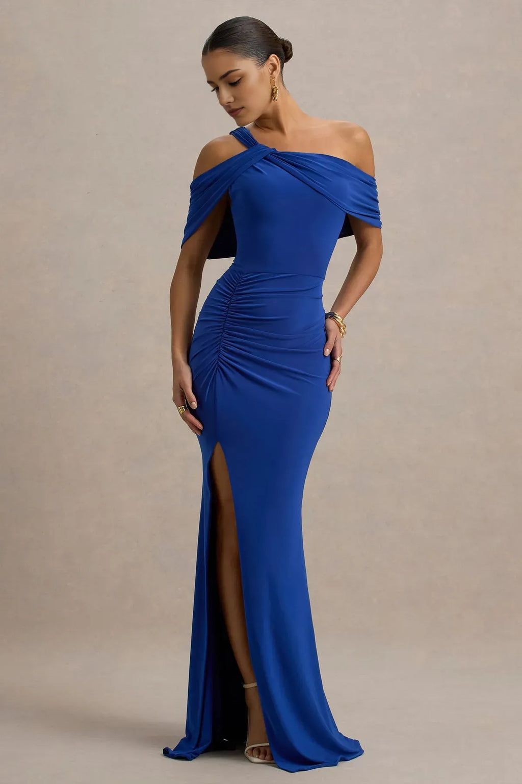Blue Royal One - Shoulder Off - Shoulder Evening Gown with Draped Sleeves Ruched Detailing and High Side Slit Perfect for Proms Galas and Formal Affairs