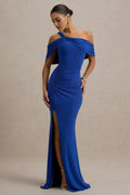 Blue Royal One - Shoulder Prom Dress with Draped Cape Sleeves Ruched Bodice and High Side Slit