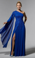 Blue Royal One Shoulder Evening Dresses with Asymmetric Cape Sleeve Intricate Floral Embroidery and High Side Slit