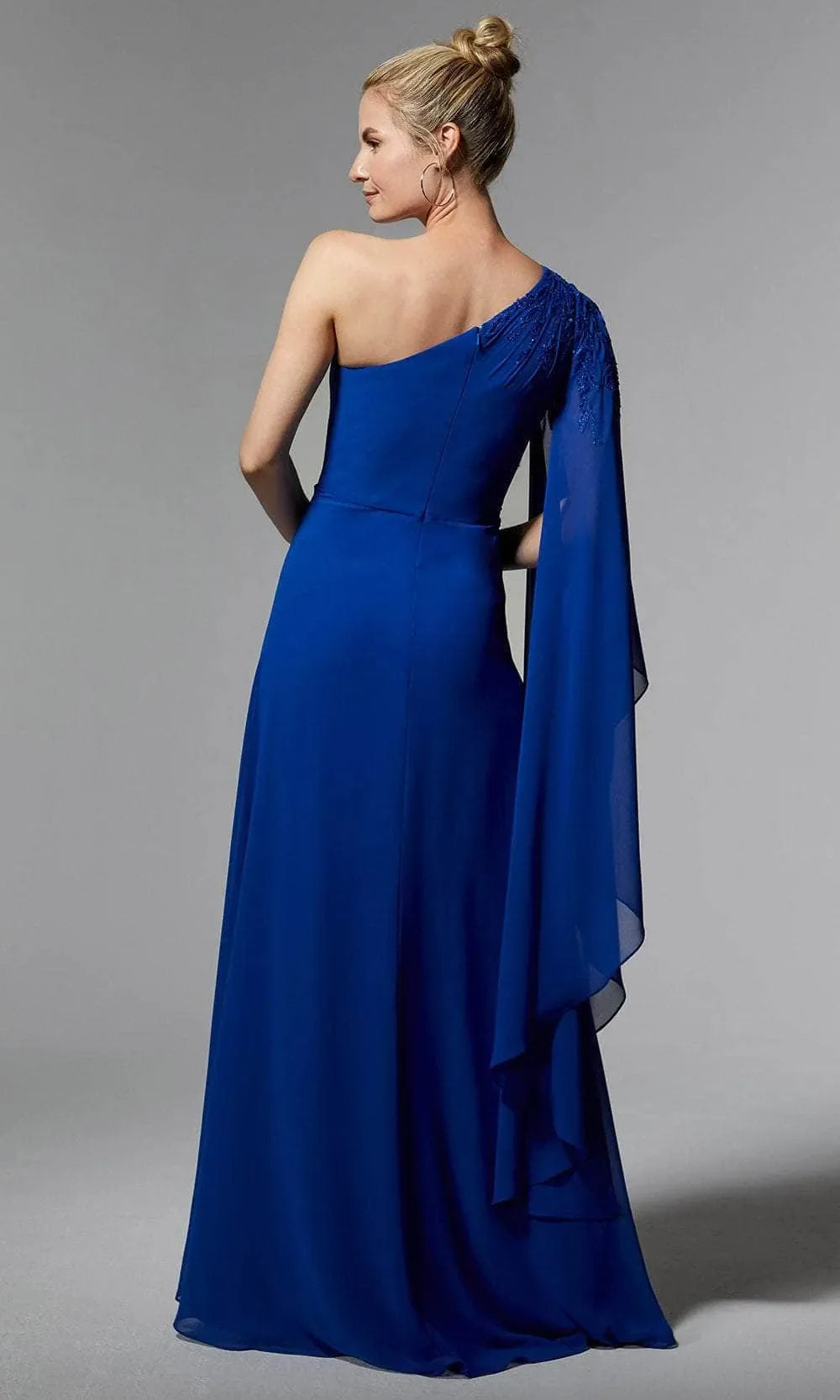 Blue Royal One Shoulder Evening Dresses with Asymmetric Cape Sleeve Intricate Floral Embroidery and High Side Slit