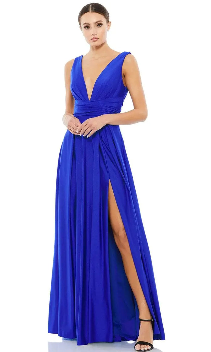 Blue Royal Prom Dresses Deep V - Neck Cross Wrap Waist High Side Slit A Fusion of Sophistication