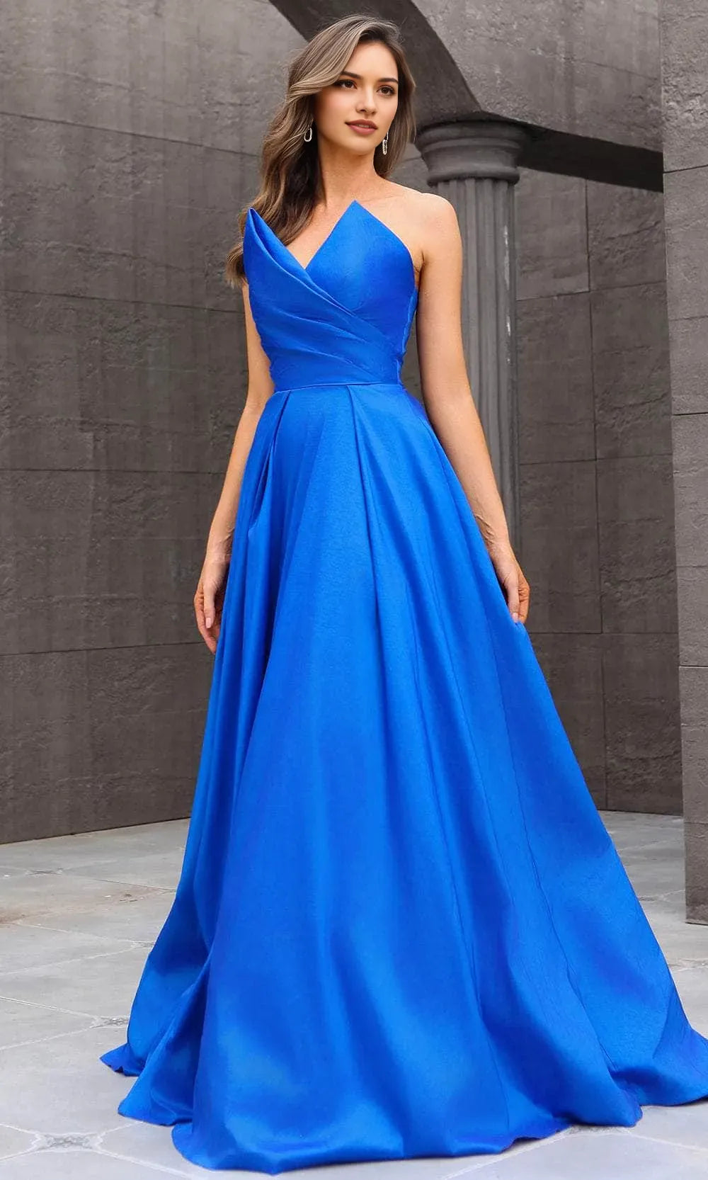 Blue Royal Ball Gown with Strapless V - Neckline Pleated Skirt and Matching Long Gloves for Formal Prom Evening Events