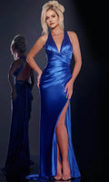 Blue Royal Halter Prom Gown with Draped Detail and High Slit for Memorable Formal Galas