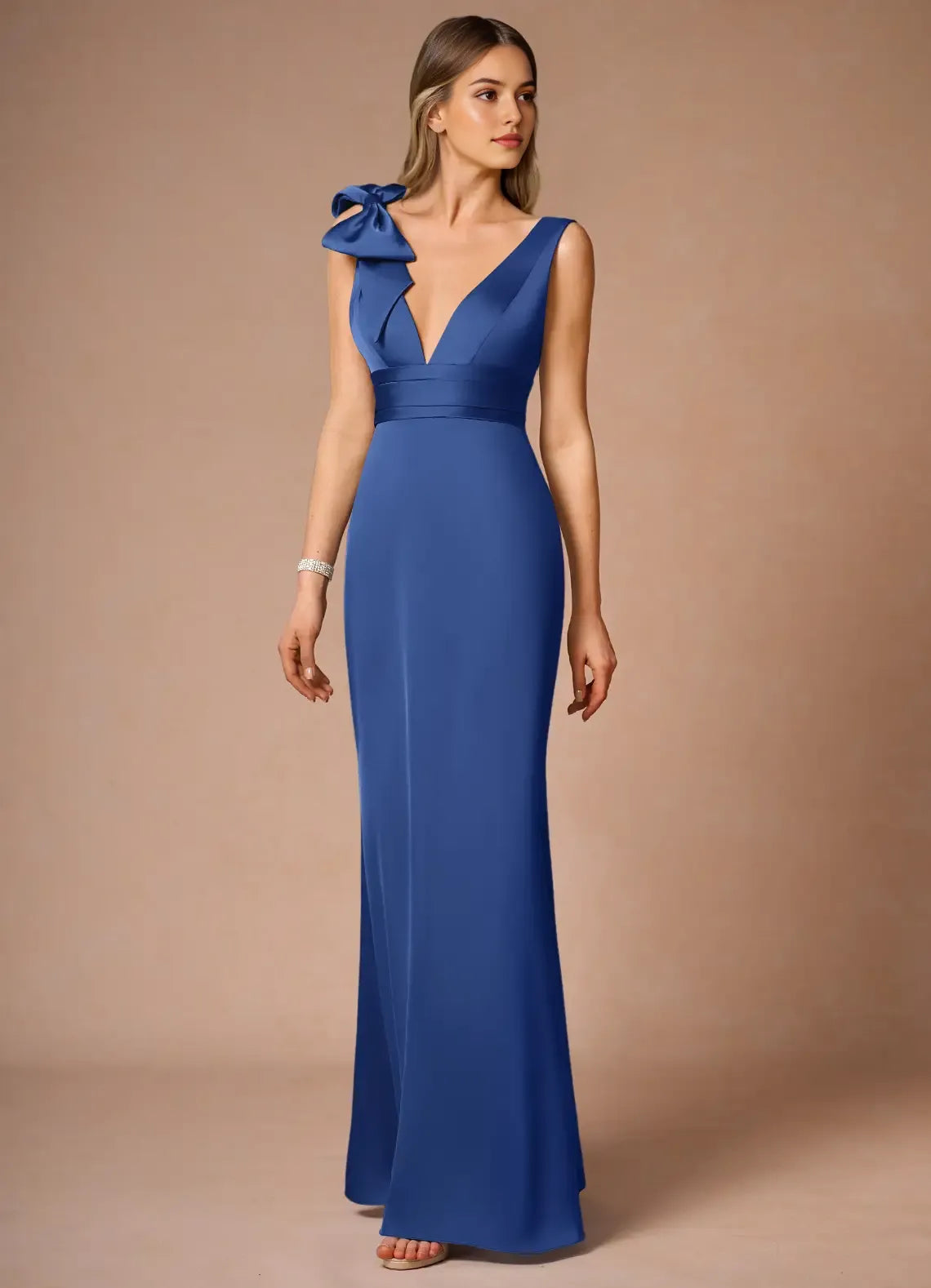 Blue Royal Prom Dress with Plunging V - Neckline Asymmetric Bow Accent and Waist - Cinching Band for Formal Occasions