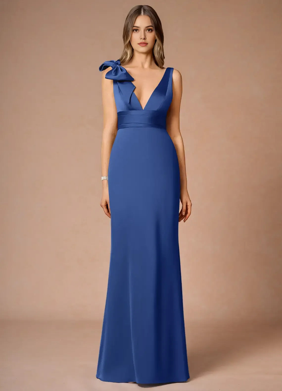 Blue Royal Prom Dress with Plunging V - Neckline Asymmetric Bow Accent and Waist - Cinching Band for Formal Occasions