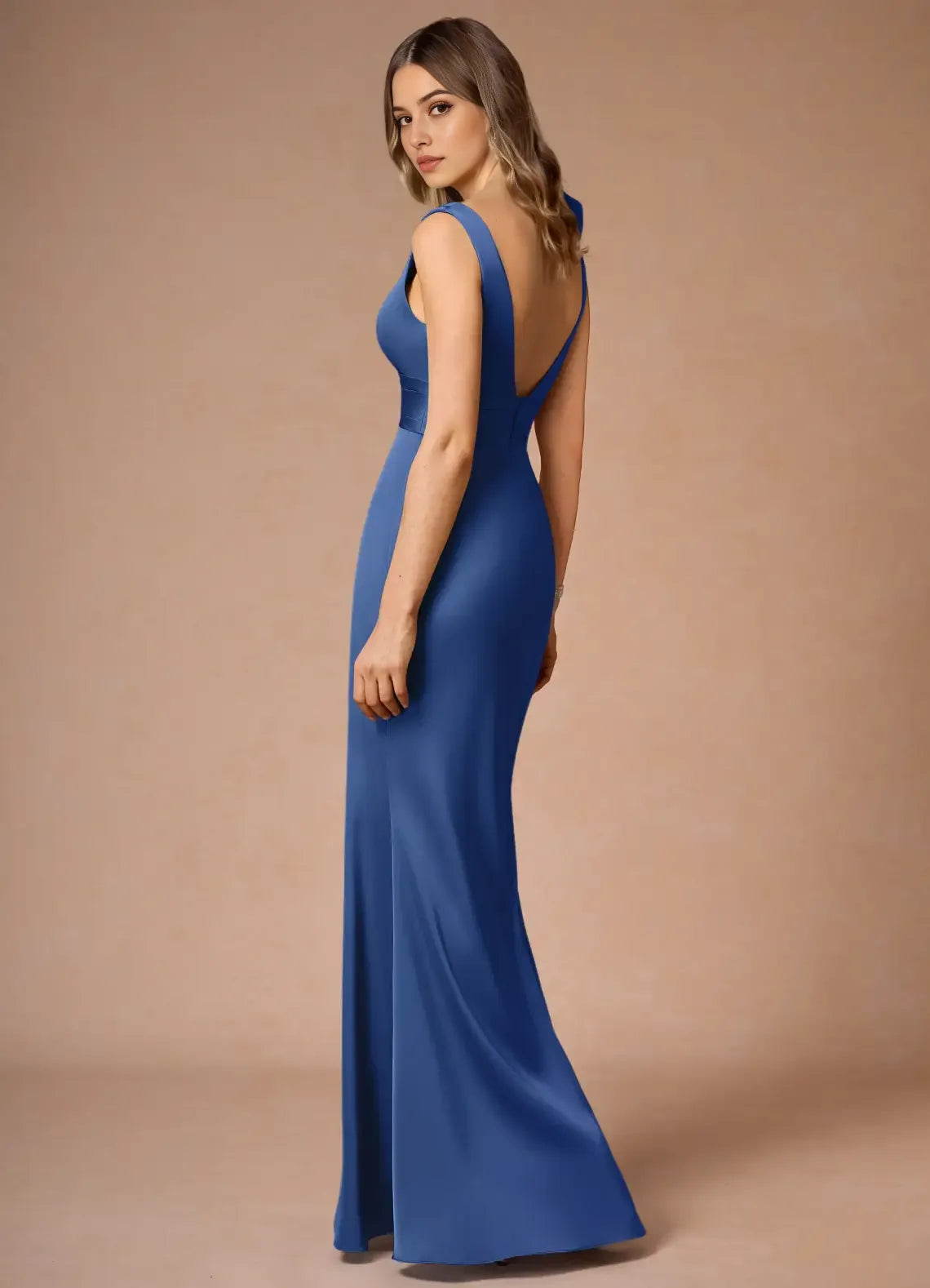 Blue Royal Prom Dress with Plunging V - Neckline Asymmetric Bow Accent and Waist - Cinching Band for Formal Occasions