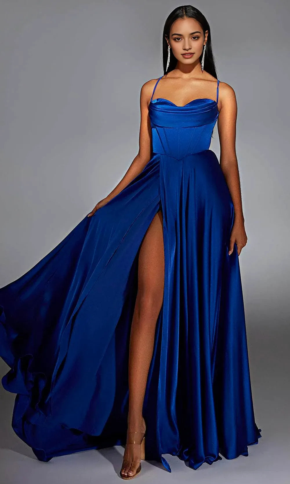 Blue Royal Prom Dress with Spaghetti Straps Corset Bodice and High Side Slit for Formal Galas