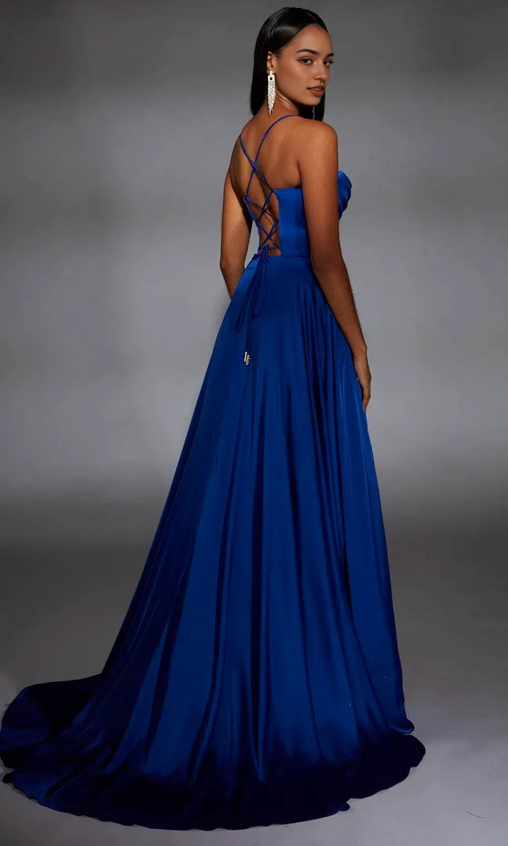Blue Royal Prom Dress with Spaghetti Straps Corset Bodice and High Side Slit for Formal Galas