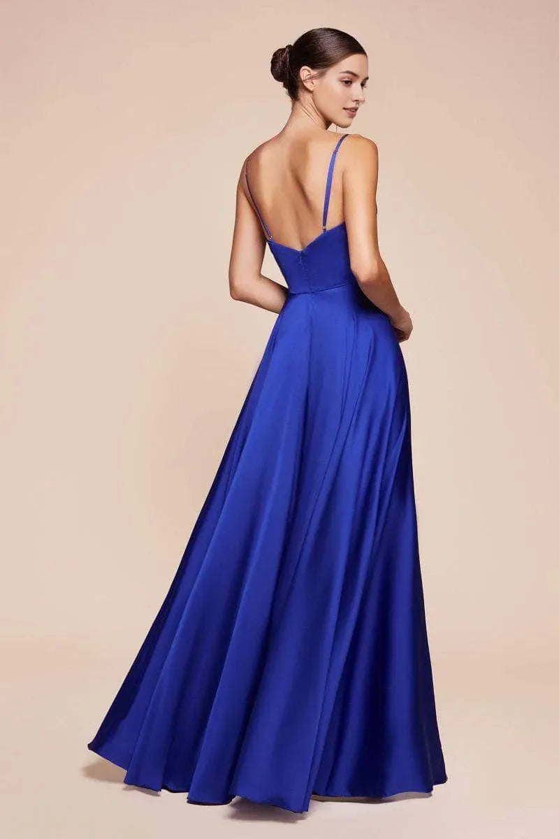 Blue Royal Prom Gown with Plunging V Neck Ruched Bodiceand High Side Slit for Formal Occasions