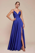 Blue Royal Prom Gown with Plunging V Neck Ruched Bodiceand High Side Slit for Formal Occasions
