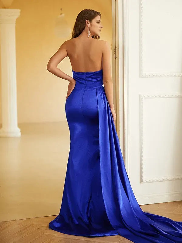 Blue Royal Sheath One-Shoulder Sleeveless Back Zip Ruched Prom Dresses with Sweep/Brush Train