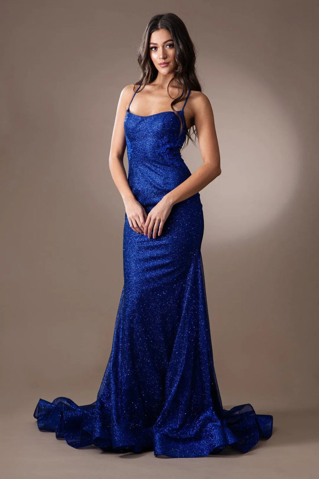 Blue Royal Sparkle Mermaid Prom Dress Spaghetti Strap Formal Evening Gown with Glittering Fabric Flowy Train Perfect for Gala Ball Evening Party High End Occasions Women's Special Event Attire