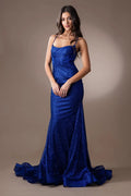 Blue Royal Sparkle Mermaid Prom Dress Spaghetti Strap Formal Evening Gown with Glittering Fabric Flowy Train Perfect for Gala Ball Evening Party High End Occasions Women's Special Event Attire