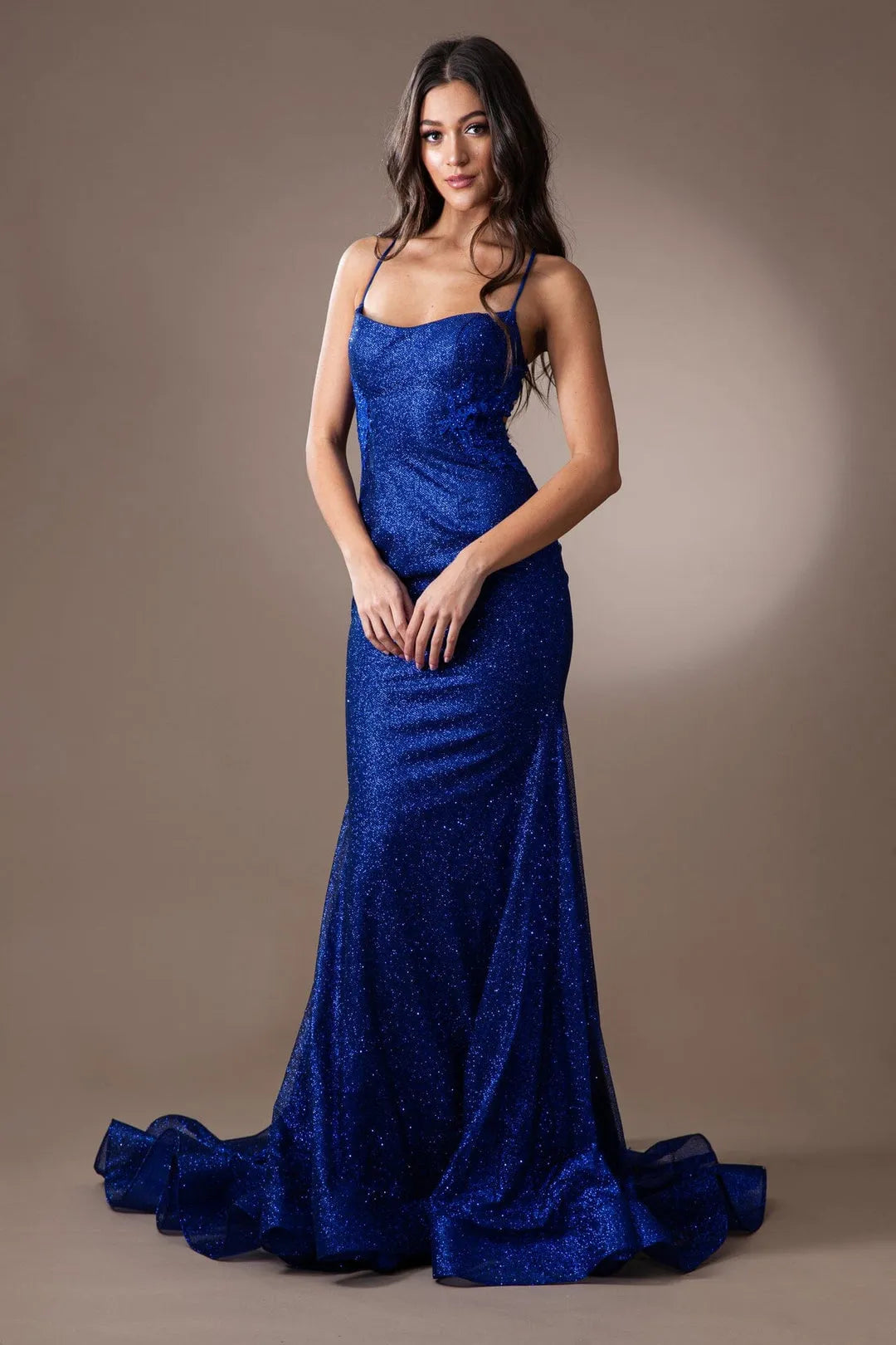 Blue Royal Sparkle Mermaid Prom Dress Spaghetti Strap Formal Evening Gown with Glittering Fabric Flowy Train Perfect for Gala Ball Evening Party High End Occasions Women's Special Event Attire