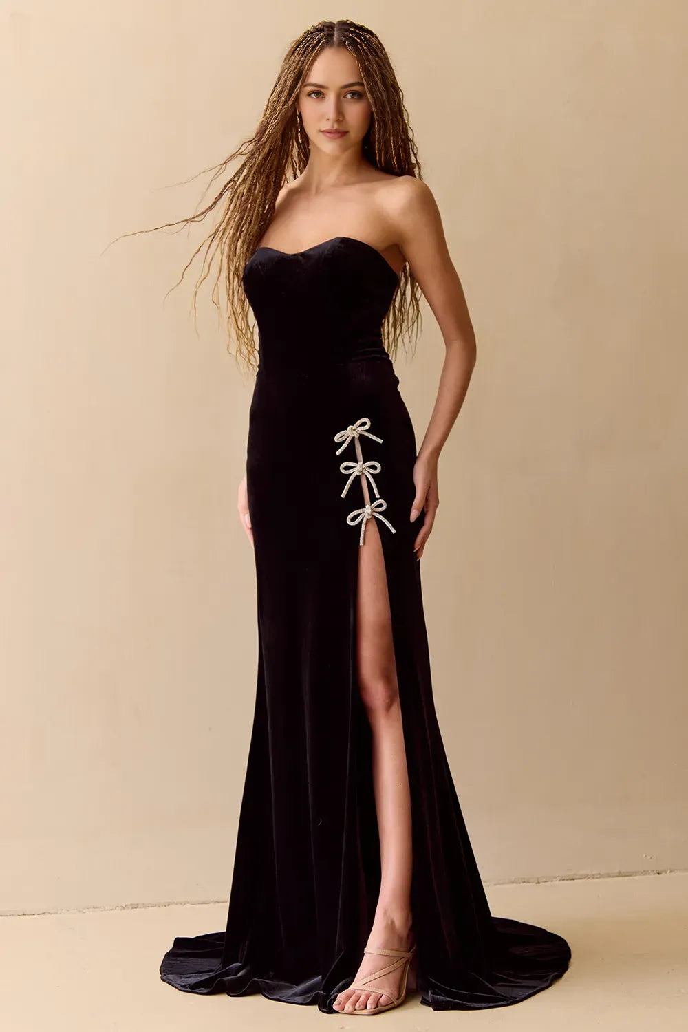 Blue Royal Strapless Prom Dress with Bow Accents and High Side Slit for Formal Occasions