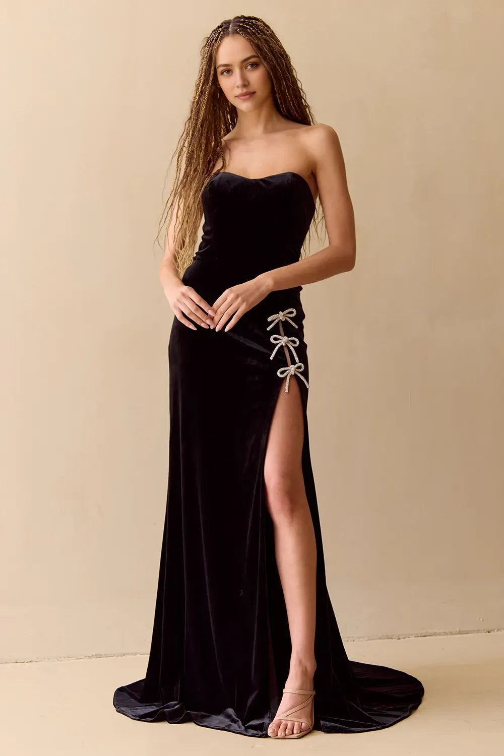 Blue Royal Strapless Prom Dress with Bow Accents and High Side Slit for Formal Occasions