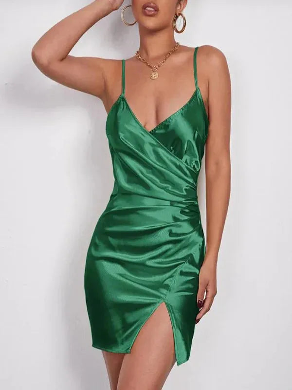 Green Ruched Bodycon Homecoming Dresses Spaghetti Straps Plunging V - Neck Fabric High Slit