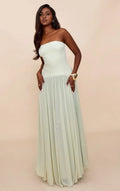 Sage A-Line Strapless Sleeveless Pleated Backless Floor-Length Prom Dresses