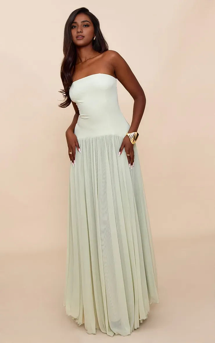 Sage A-Line Strapless Sleeveless Pleated Backless Floor-Length Prom Dresses