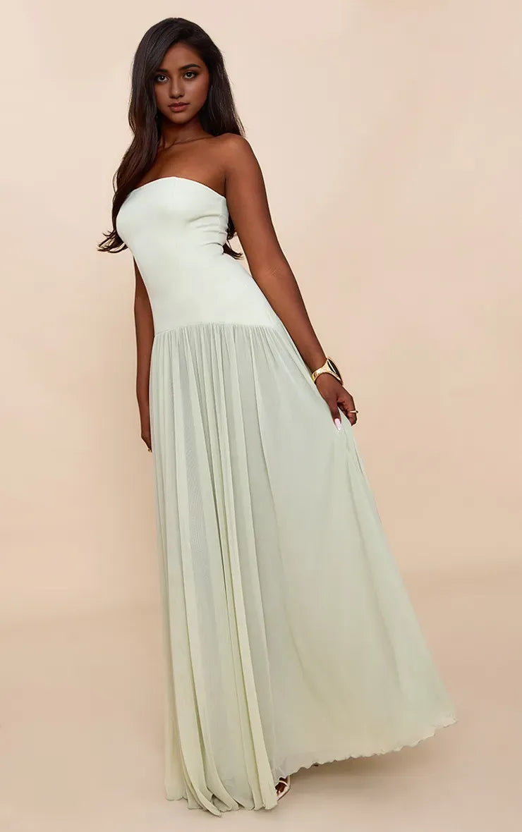 Sage A-Line Strapless Sleeveless Pleated Backless Floor-Length Prom Dresses