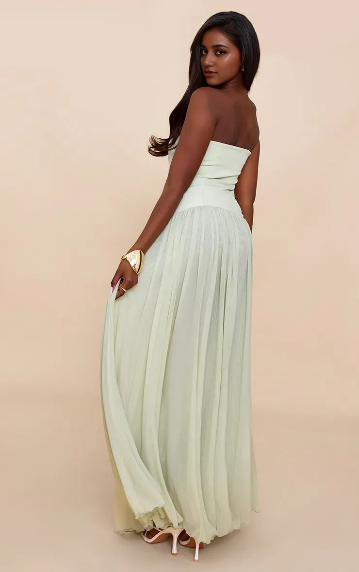 Sage A-Line Strapless Sleeveless Pleated Backless Floor-Length Prom Dresses