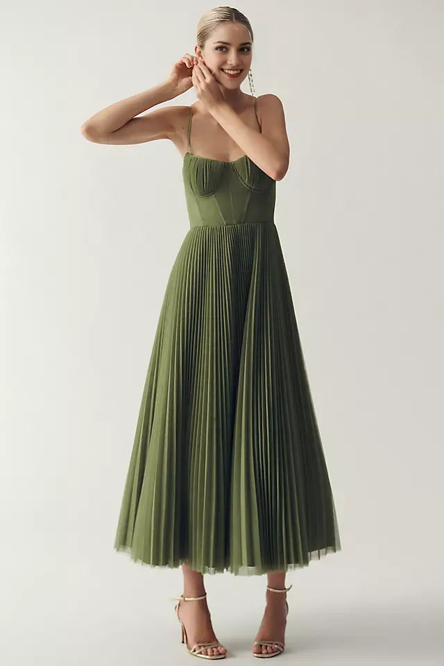 Sage Green A-Line Sweetheart Spaghetti-Strap Pleated Back Zip Tea-Length Prom Dress