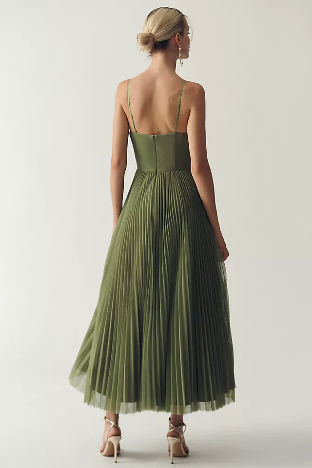 Sage Green A-Line Sweetheart Spaghetti-Strap Pleated Back Zip Tea-Length Prom Dress