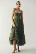 Sage Green A-Line Sweetheart Spaghetti-Strap Pleated Back Zip Tea-Length Prom Dress