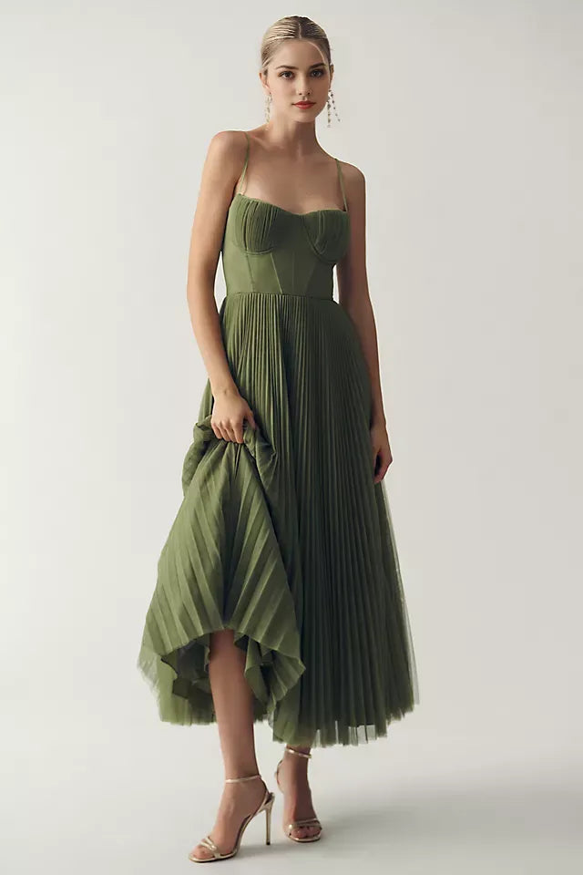 Sage Green A-Line Sweetheart Spaghetti-Strap Pleated Back Zip Tea-Length Prom Dress